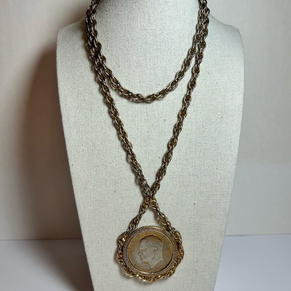 Vintage 14k HGE Eisenhower Liberty USA One Dollar Coin Chain Pendant Necklace